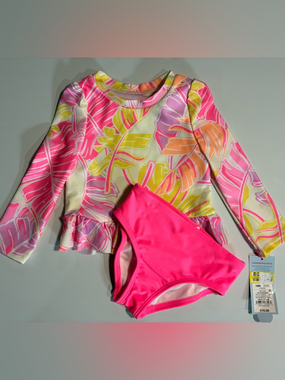 Cat & Jack Girls Pink Palm Leaves Rashguard 2-Piece Swimsuit